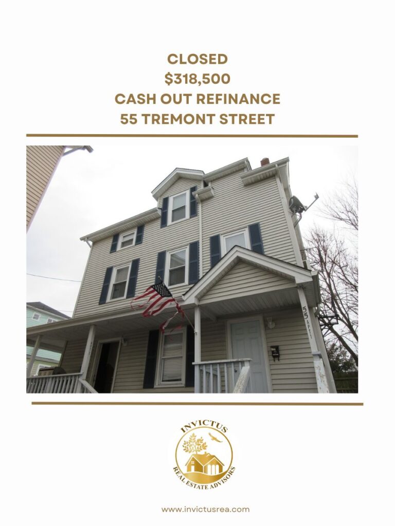 a financing image showing a closing of $318,500 cash out refinance at 55 tremont st.