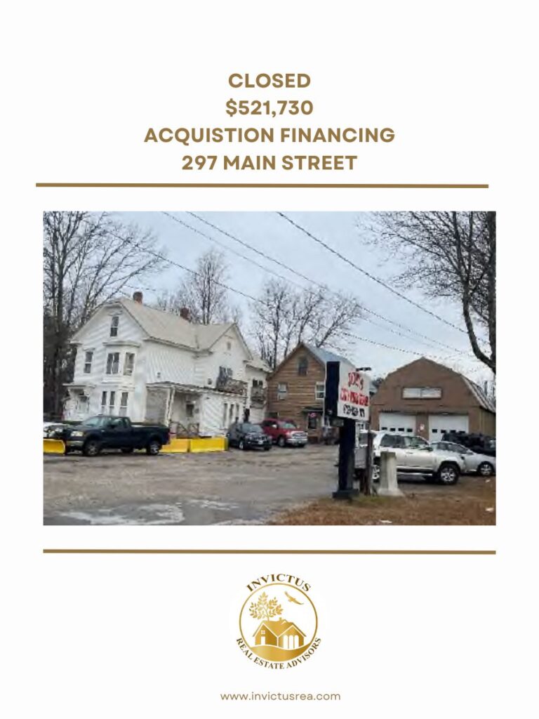 a financing image showing a closing of $521,730 acquisition financing at 297 Main St.