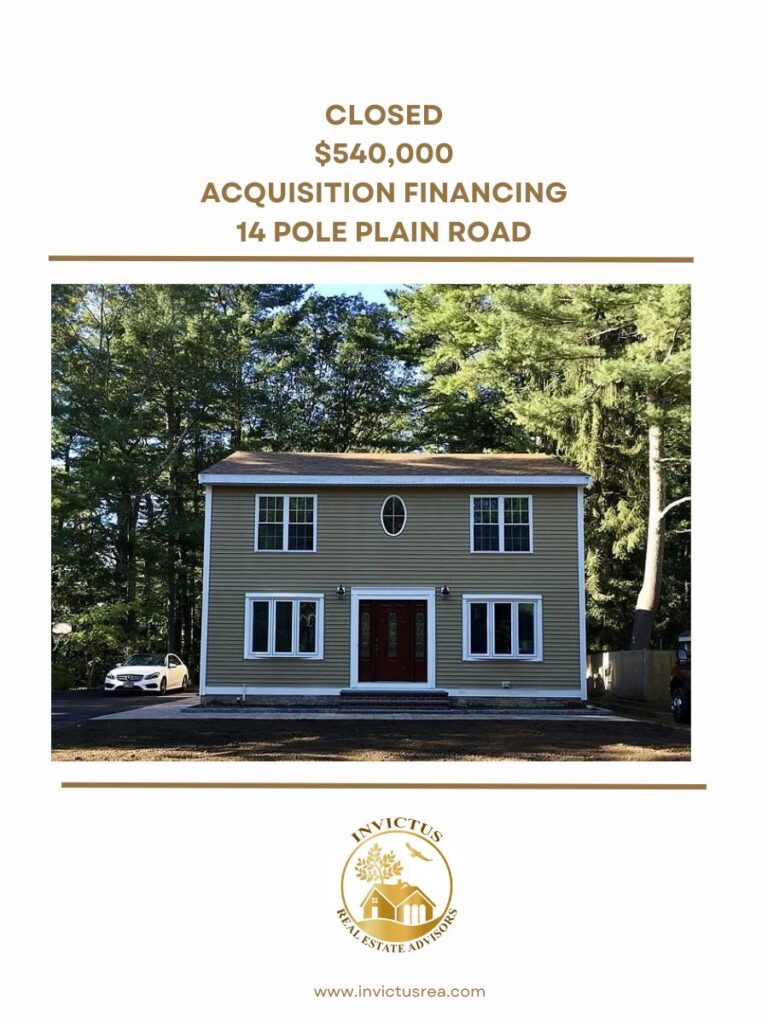 a financing image showing a closing of $540,000 acquisition refinancing at 14 pole plain road.